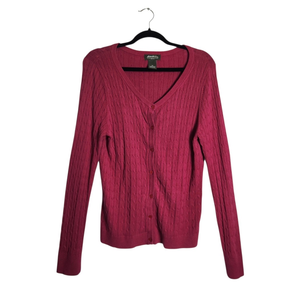 Eddie Bauer Womens Magenta Pink Cable Knit V-Neck Cotton Button Cardigan Large